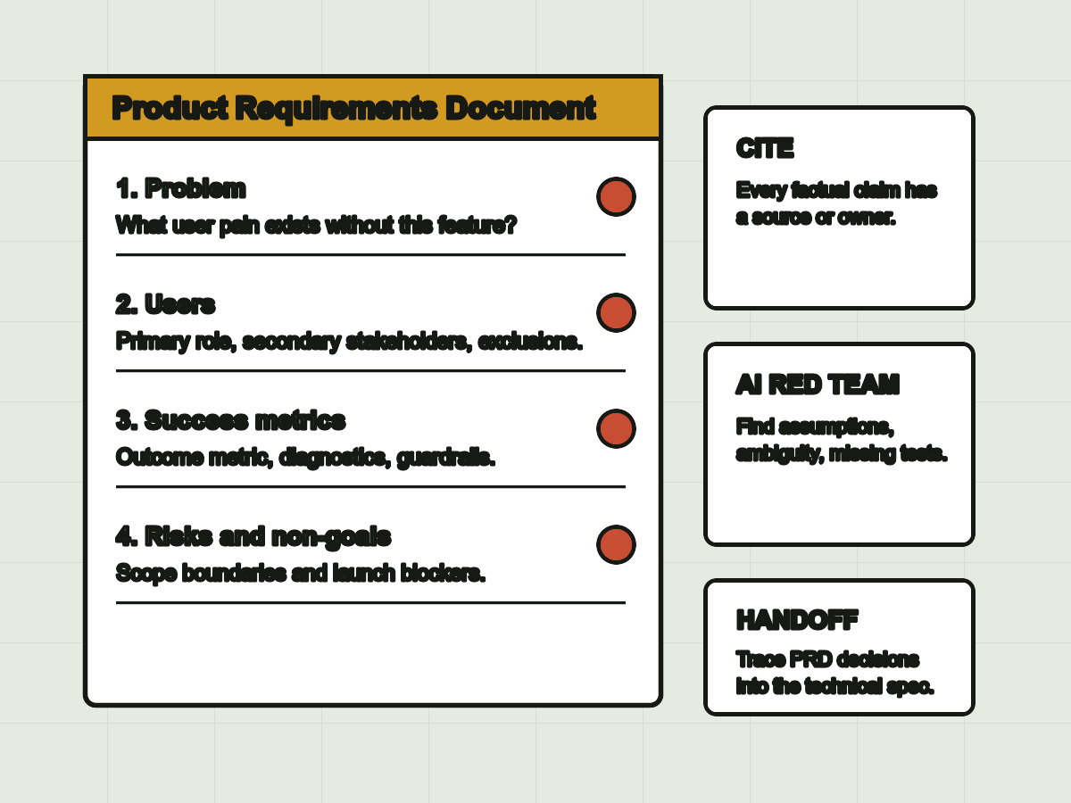Annotated product requirements document workspace with problem, users, metrics, risks, and handoff sections.
